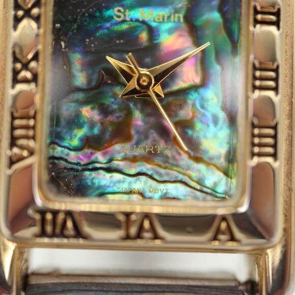 Vintage St Marin Abalone Gold Tone Tank 22mm Watch Stretch Band w New Battery - Picture 9 of 14